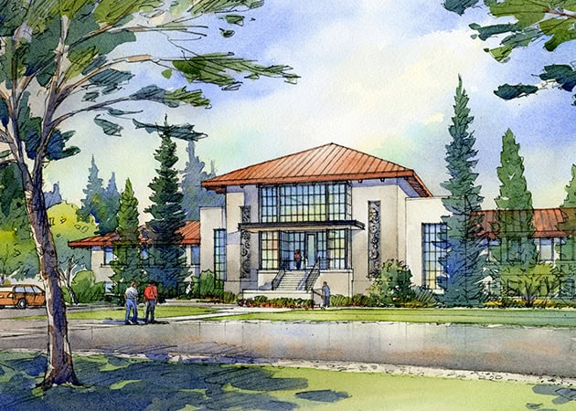 Contemporary building design inspired by Olmsted Brothers, showcasing landscape integration and eleg.