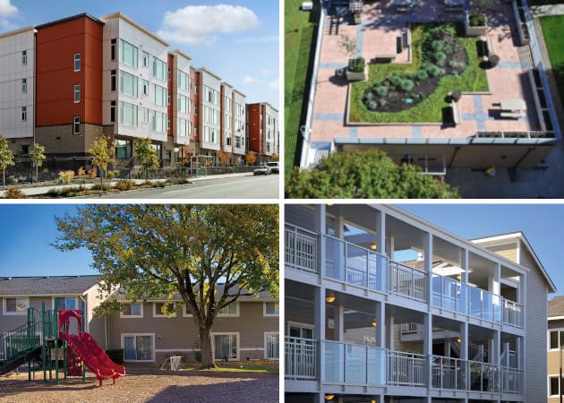 Contemporary apartment complex with outdoor amenities and green spaces.