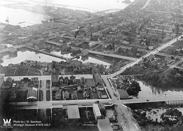 Aerial view of Old Town highlighting historic architecture and riverfront redevelopment.