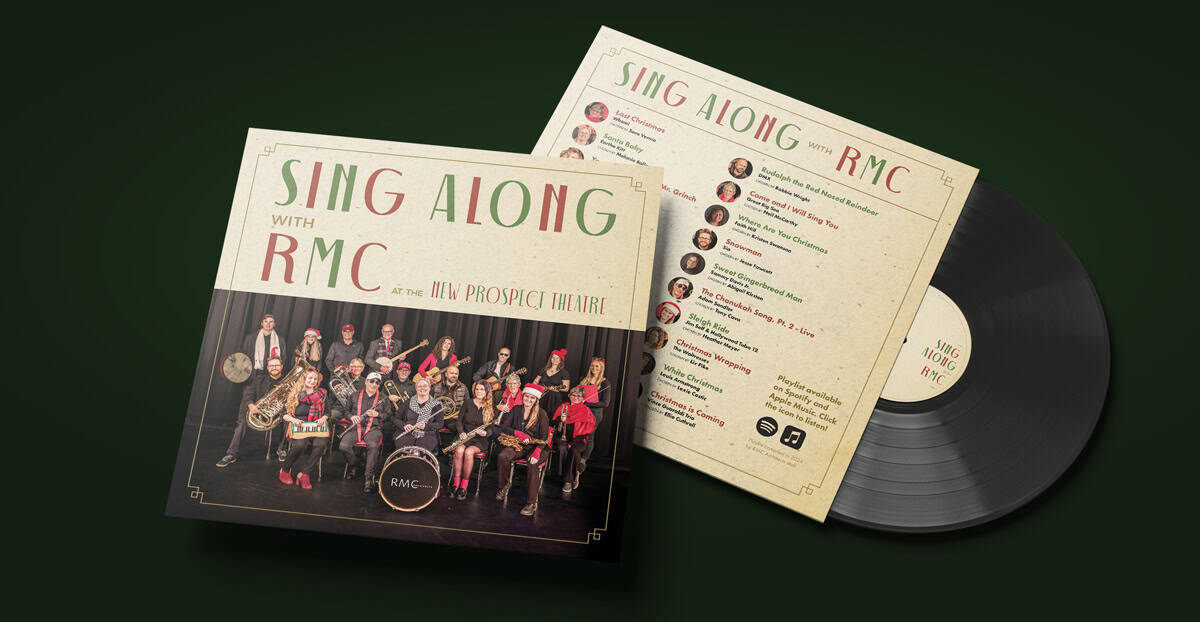 RMC Architects holiday sing-along event with a vinyl record and festive posters.